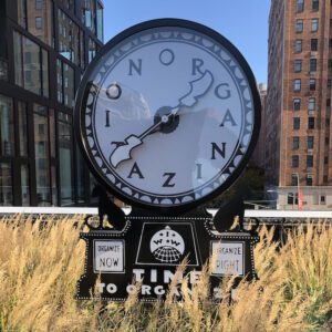 A photo of a clock on the high Line in NYC.